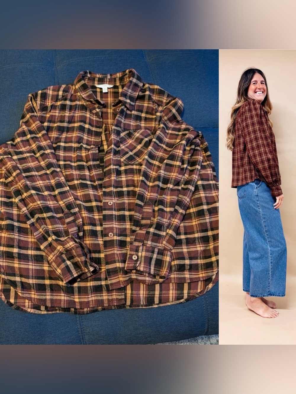 Burgundy & Tan Plaid Button-Up
Shirt